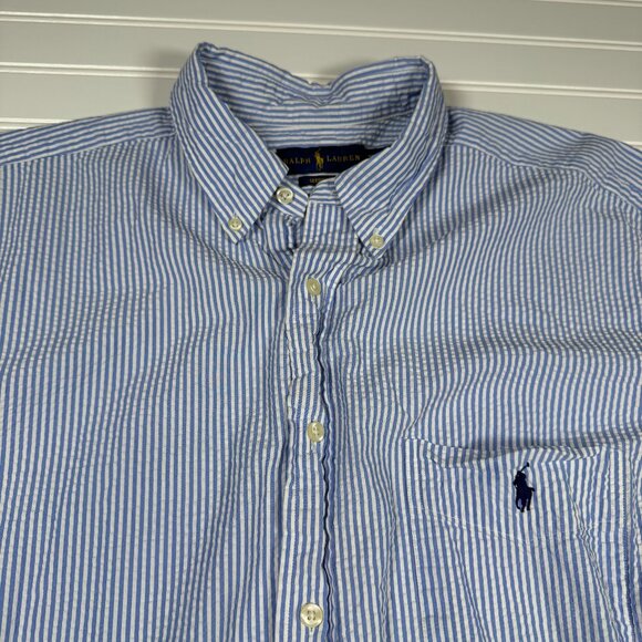 Ralph Lauren Seersucker Button Up Shirt Men's XLT Blue White Stripes GUC - Picture 1 of 6